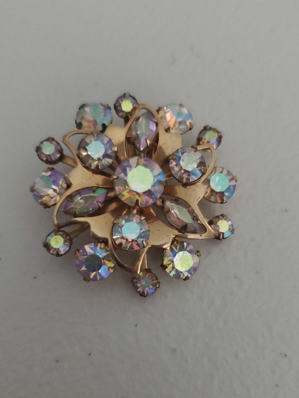 Aurora Borealis Rhinestone Floral Brooch - Gold Tone